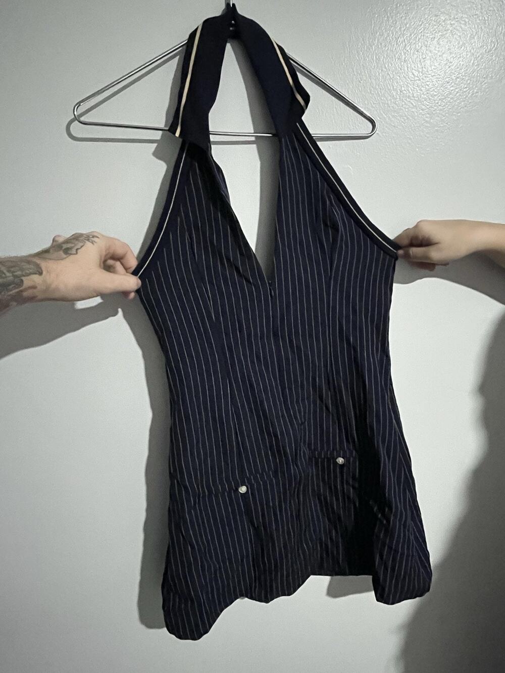 COSMINA Dress Womens M Blue Striped Bodycon Knee Length Halter Pockets